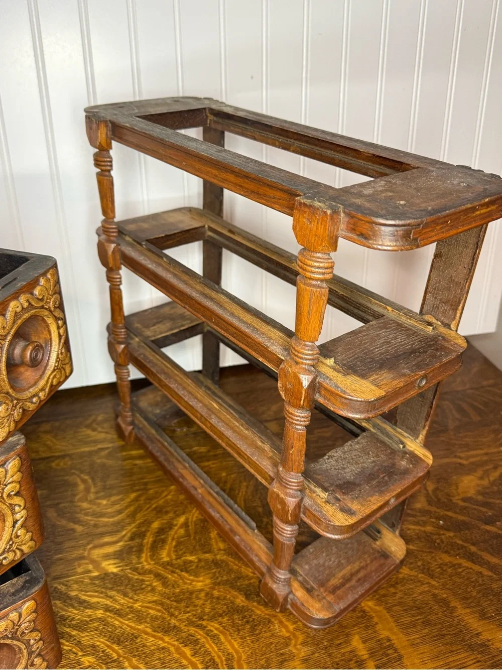 Antique Sewing Machine Drawer Cabinet: Carved Wooden Display Boxes, Ornate